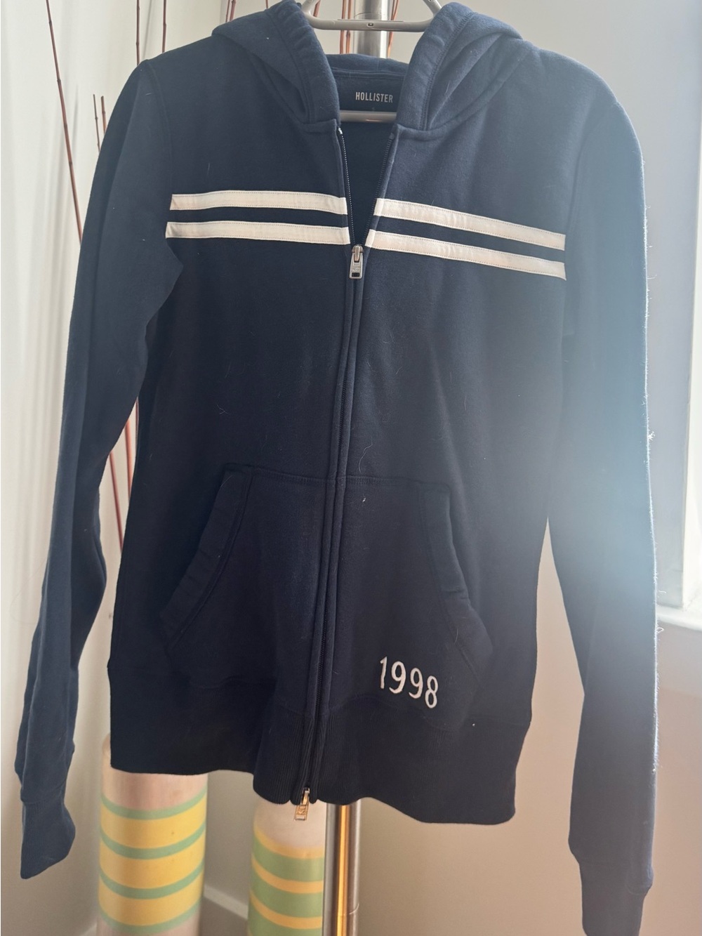 Hollister Navy Zip-Up Hoodie with White Stripes